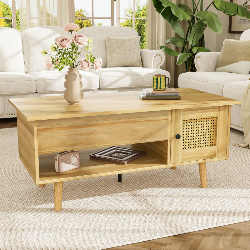 Eleganter Couchtisch mit anhebbarer Tischplatte und Rattan-Türen, Holzfarbe mit schwarzen Akzenten, ideal für das Wohnzimmer – Praktischer Stauraum und funktionales Design
