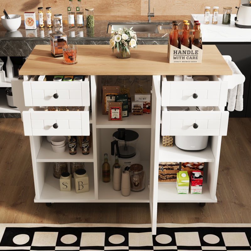 Moderne Kücheninsel (127×46×91,5cm) Küchenschrank Essschrank mit Holzmaserung Esswagen mit multifunktionalem Stauraum und herausnehmbaren Trennwänden, weiß
