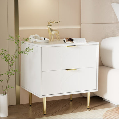 Moderner Nachttisch mit vergoldeten Füßen und Knöpfen, florales Muster, 2er-Set mit 2 Schubladen, lackiert, Ecken mit Anti-Bump-Design, 50B*40T*54H cm, weiß