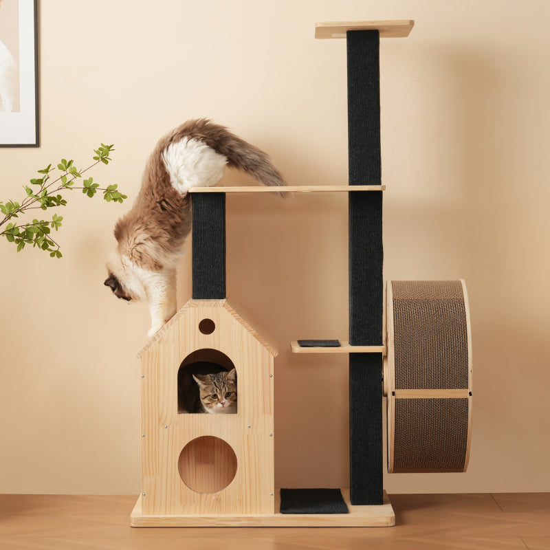 Katzenbaum aus Massivholz mit Laufrad mit 4 Plattformen, 2 Katzenhäusern, Sisalpfosten & waschbaren Kratzmatten, 80×40×152 cm