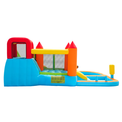 [Multifunktionale Outdoor-Hüpfburg] Mit Gebläse, Wasserrutsche + Trampolin + Basketballkorb + Wasserpistole, 2 Poolbereiche, 1 große und 1 kleine Rutsche, für trockene und nasse Nutzung, ein Wasserpar