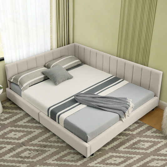 Doppelbett 140×200 cm aus Samt mit hoher Rückenlehne, stabiles Bettgestell aus Holz & Metall, ideal für Schlafzimmer & Gästezimmer, Beige (ohne Matratze)