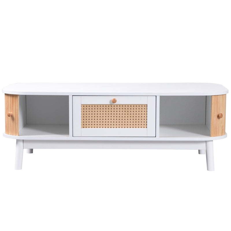 Couchtisch - Rattan-Kaffeetisch, Schubladen mit Rattan und Schiebetüren mit Massivholzlatten, Massivholzbeine, Natürlicher Landhausstil.