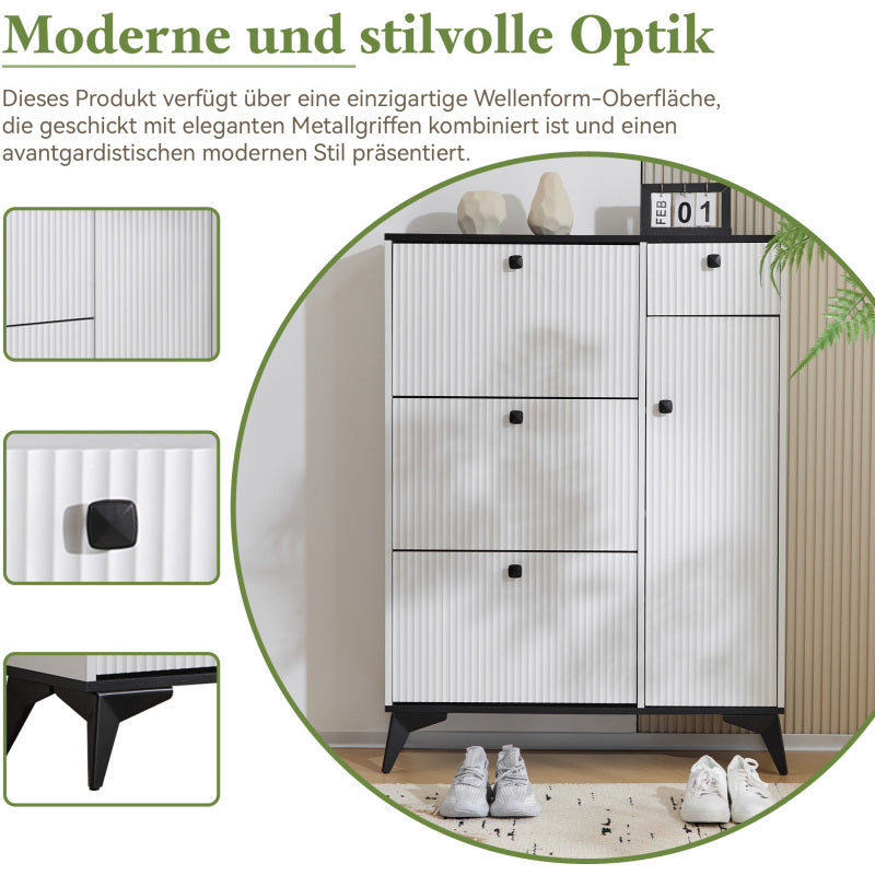 Schuhschrank mit 3 Klappen, 1 Schublade und 1 Tür, Schuhregal, Schuhkipper schmal, Schuhschrank weiß