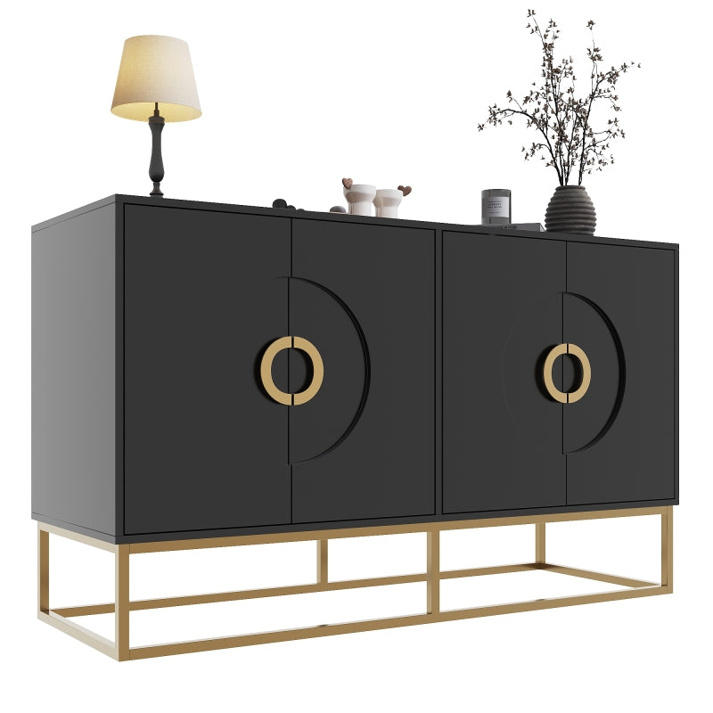 Esszimmerschrank (140×40×83cm), Esszimmer-Wohnzimmer-Aufbewahrungsschrank, einzigartiges Design, Schranktürdesign, freistehender Schrank, Minimalistisches Sideboard,Rundzugring Schranktür,Schwarz