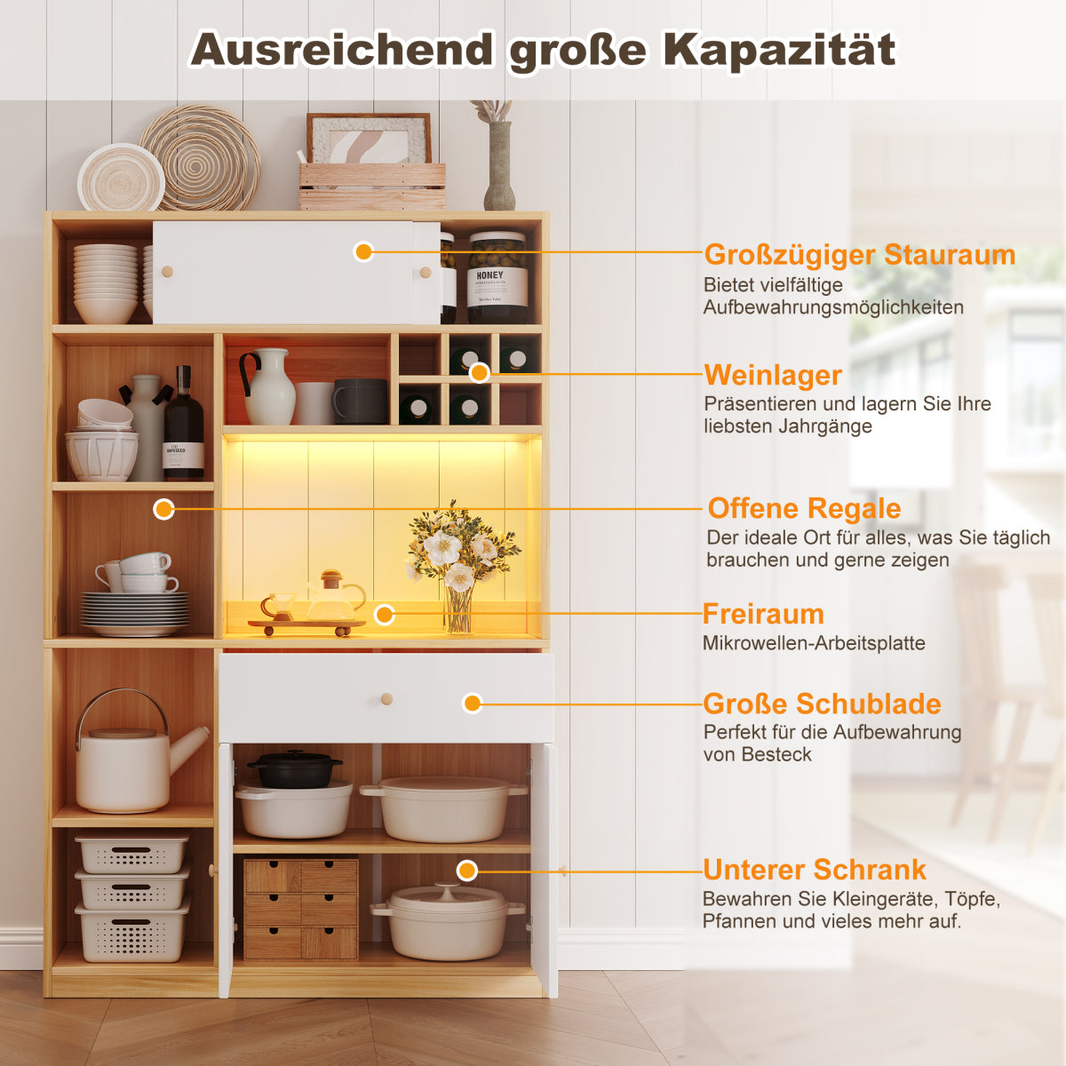 Küchenschrank 115×35×180 cm mit LED, Küchenbuffet mit Schublade, 3 Türen & Regalen, Hochschrank für Mikrowelle – Weiß/Natur