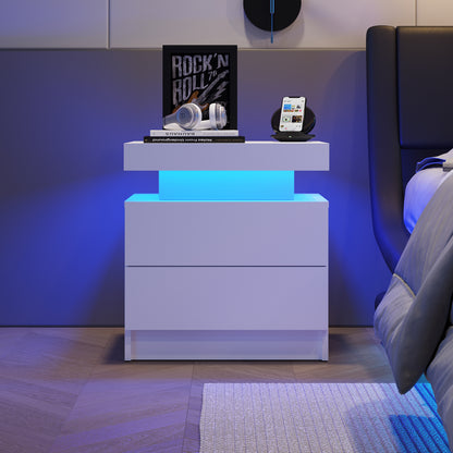 Nightstand LED Bedside Table Cabinet Lights Modern End Side with 2 Drawers for Bedroom (White)