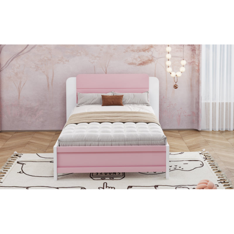 Holzbett 90*200 cm , Einzigartige und Minimalistische Form, Kopfteil mit Liniendesign, Kindereinzelbett, Rosa