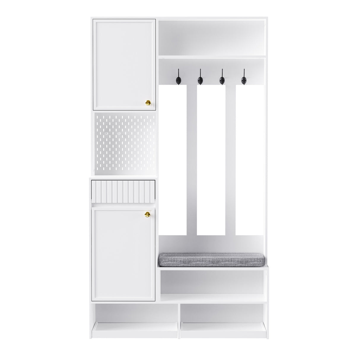 Garderoben-Set mit Sitzbank, Schubladen & Lochwand, Flurgarderobe 6-in-1, MDF, Weiß, 100x180x35 cm