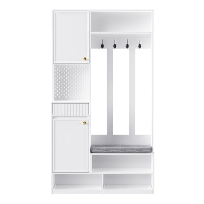 Garderoben-Set mit Sitzbank, Schubladen & Lochwand, Flurgarderobe 6-in-1, MDF, Weiß, 100x180x35 cm