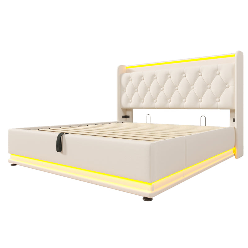 Polsterbett Doppelbett, 360-Surround-LED-Funktion, Drucktaste/App/Fernbedienung, 160*200 cm, weiß PU-Material Hydraulisches Lagerbett, gepolstertes Kopfteil mit USB Typ-C Ladefunktion (Mit Matratze)