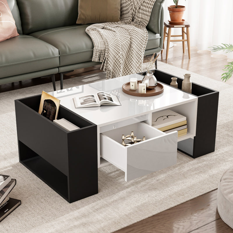 Moderner Couchtisch 105 x 60 x 40,5 cm – Schwarz-Weiß-Design mit hochglänzender Oberfläche, Schublade und 4 offenen Fächern