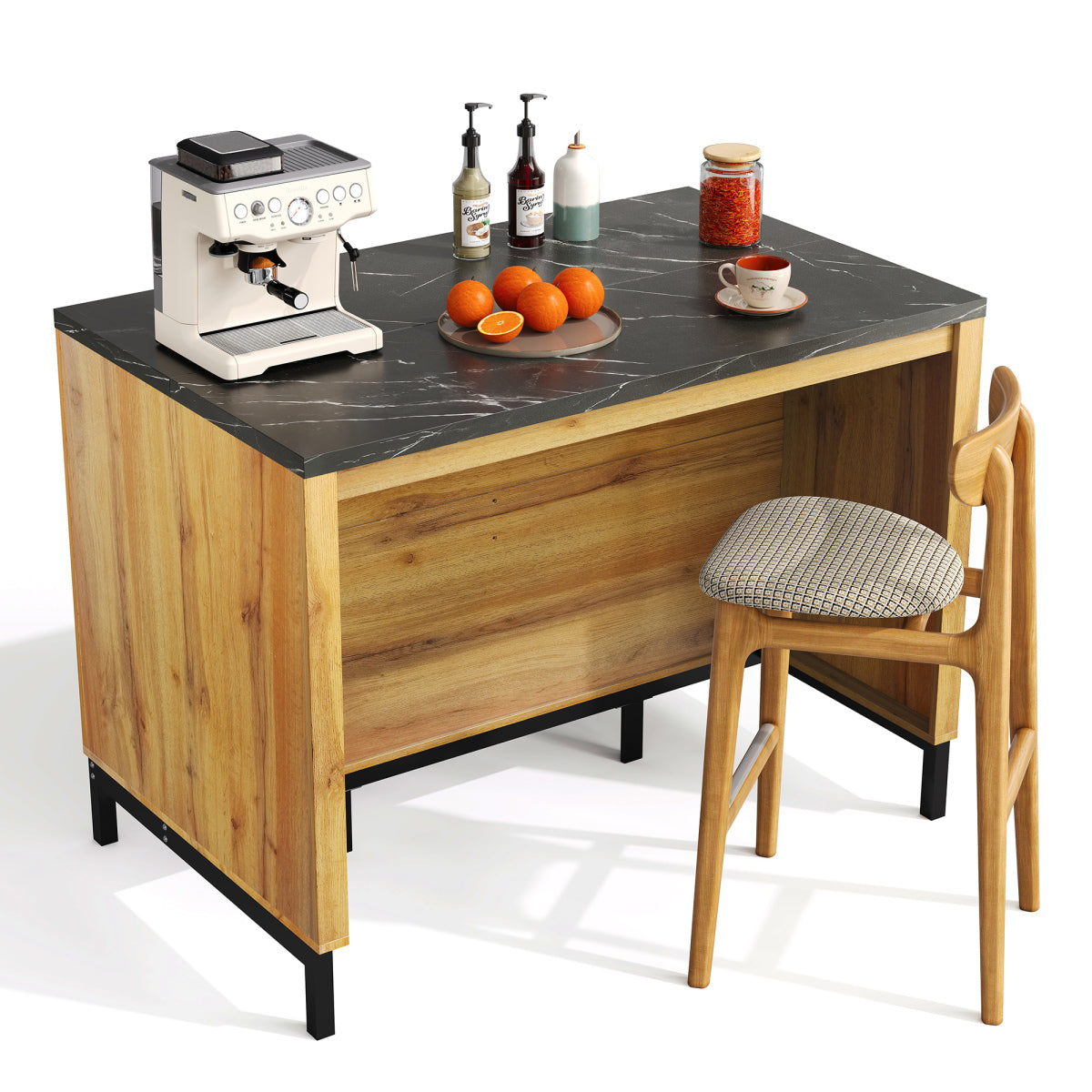 Kücheninsel 120x75 cm (Eiche & Marmor-Optik), Küchentheke mit Sitzplatz, 2 Schubladen, Metallgestell