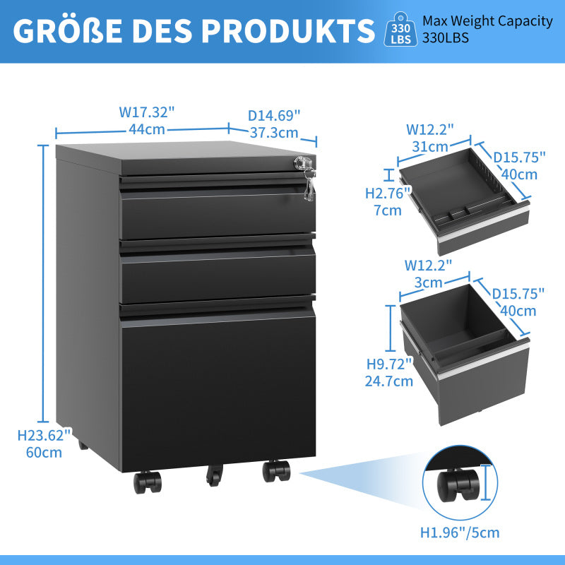 3-Schubladen-Mobil-Aktenkasten mit Schloss - Metall-Ablagekästen für Home Office Organisation – Letter, Legal und A4,Schwarz,H60 cm × B37.3 cm × T44 cm.