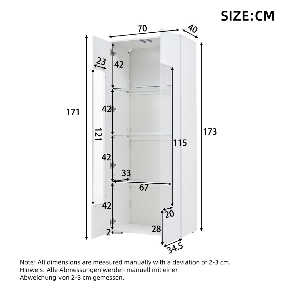 Vitrine LED App-Steuerung, 173 cm, Hochglanz Weiß, Acryl/Glas, Kippschutz