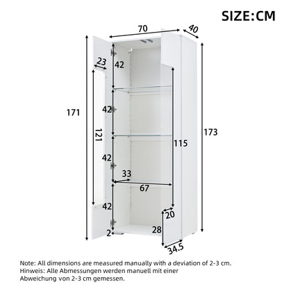 Vitrine LED App-Steuerung, 173 cm, Hochglanz Weiß, Acryl/Glas, Kippschutz