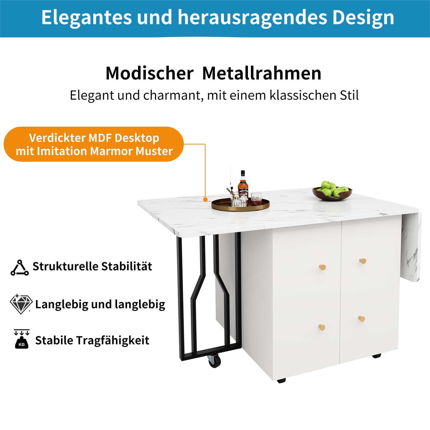 Tragbarer Esstisch, klappbare Tischplatte, marmorierte Tischplatte, geeignet für Esszimmer, Wohnzimmer, verstellbare Trennwände, großes Staufach, 6 Rollen (2 feststellbar), schwarze Tischbeine