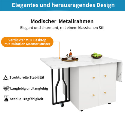 Tragbarer Esstisch, klappbare Tischplatte, marmorierte Tischplatte, geeignet für Esszimmer, Wohnzimmer, verstellbare Trennwände, großes Staufach, 6 Rollen (2 feststellbar), schwarze Tischbeine
