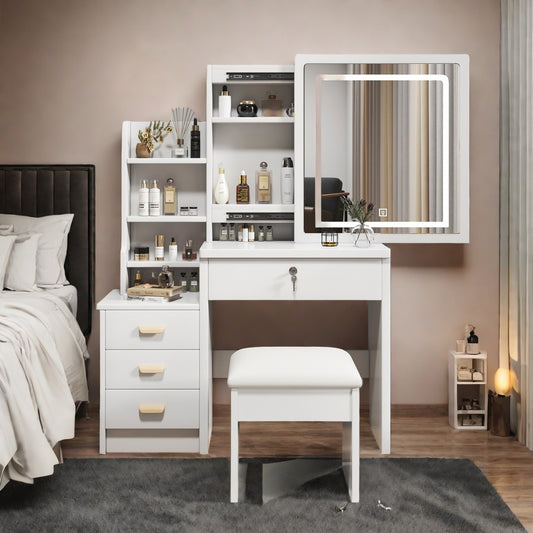 Luxus Schminktisch LED, 3 Lichtfarben, 4 Schubladen, inkl. Hocker, Weiß