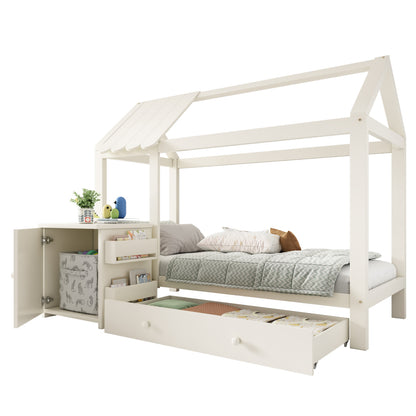 Hausbett Kinderbett 90x200 cm aus Massivholz mit Schubladen & abnehmbarem Nachttisch - Bodenbett in Weiß, ohne Matratze