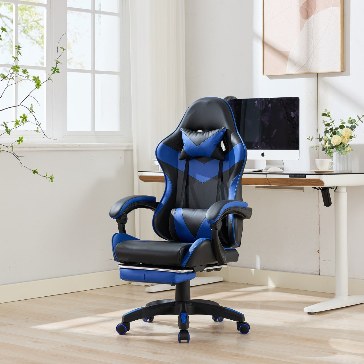Gaming Stuhl Racing Design, 155° Liegefunktion, Fußstütze, Lendenmassage, Schwarz-Blue