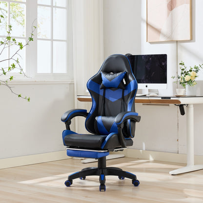 Gaming Stuhl Racing Design, 155° Liegefunktion, Fußstütze, Lendenmassage, Schwarz-Blue