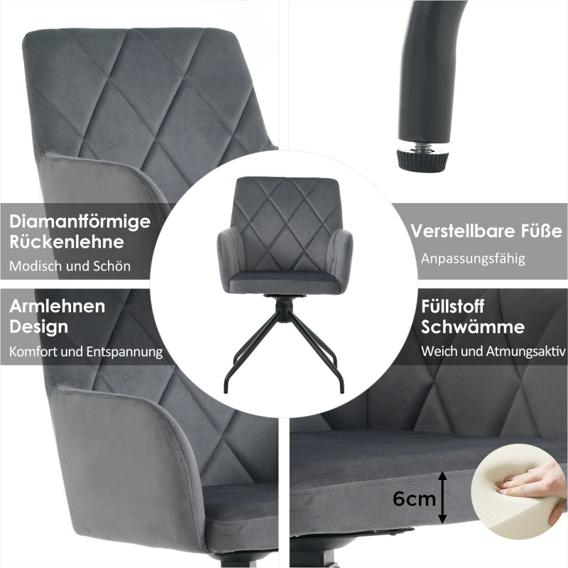 4er Set 360° Drehbarer Esszimmerstühle mit Rautenmuster, Lendenwirbelstütze,Samt, anthrazit