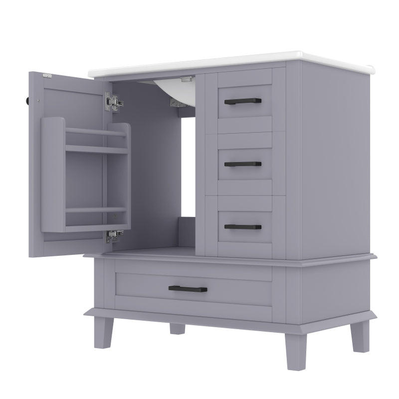 Bodenstehender Badezimmerschrank mit Waschbecken, Waschtisch, komplett lackiert, Türregal, drei geräuschlose Schubladen, integriertes Keramikwaschbecken, Grau