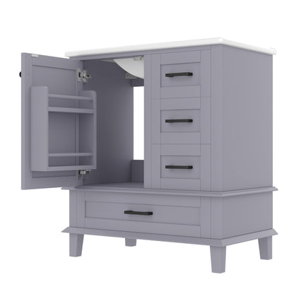 Bodenstehender Badezimmerschrank mit Waschbecken, Waschtisch, komplett lackiert, Türregal, drei geräuschlose Schubladen, integriertes Keramikwaschbecken, Grau