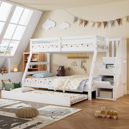 Etagenbett mit Rollbett, Kinderbett mit Leiterschrank und Handlauf, mit Fallschutzgitter an allen Seiten, Kiefer+MDF, Weiß, 90x190CM Rollbett, 90/120x200CM