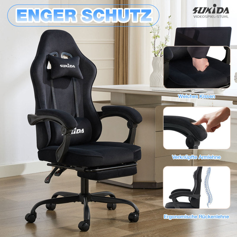 Gaming Stuhl Stoff, Ergonomischer Gaming Chair mit Fußstütze, Verstellbarer Racing Computerstuhl mit Lordosenstütze, Schwarz Ergonomisch PC-Stuhl