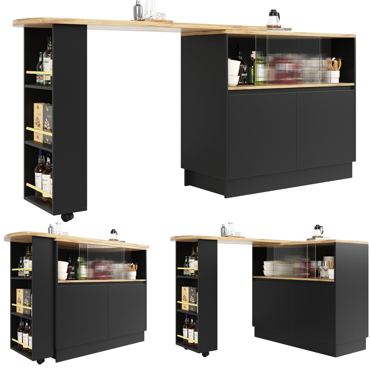 Kücheninsel mit 360° Rotation, Barschrank mit Glasschiebetür & Stauraum, Weiß & Holzoptik, multifunktionaler Küchentisch & Sideboard