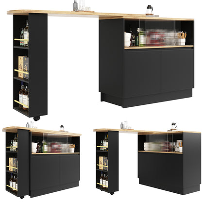 Kücheninsel mit 360° Rotation, Barschrank mit Glasschiebetür & Stauraum, Weiß & Holzoptik, multifunktionaler Küchentisch & Sideboard