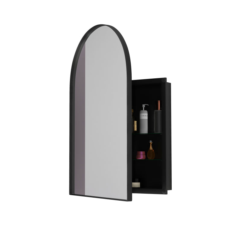 Stylish Arched Mirror Cabinet, Recessed Medicine Cabinet, Wall Cabinet with Metal Framed, Mirror and Adjustable Shelves, Mirror Cabinet with Storage for Bathroom, Living Room and Bedroom, Black