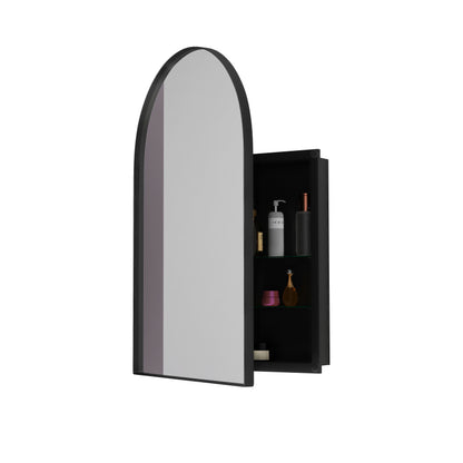 Stylish Arched Mirror Cabinet, Recessed Medicine Cabinet, Wall Cabinet with Metal Framed, Mirror and Adjustable Shelves, Mirror Cabinet with Storage for Bathroom, Living Room and Bedroom, Black