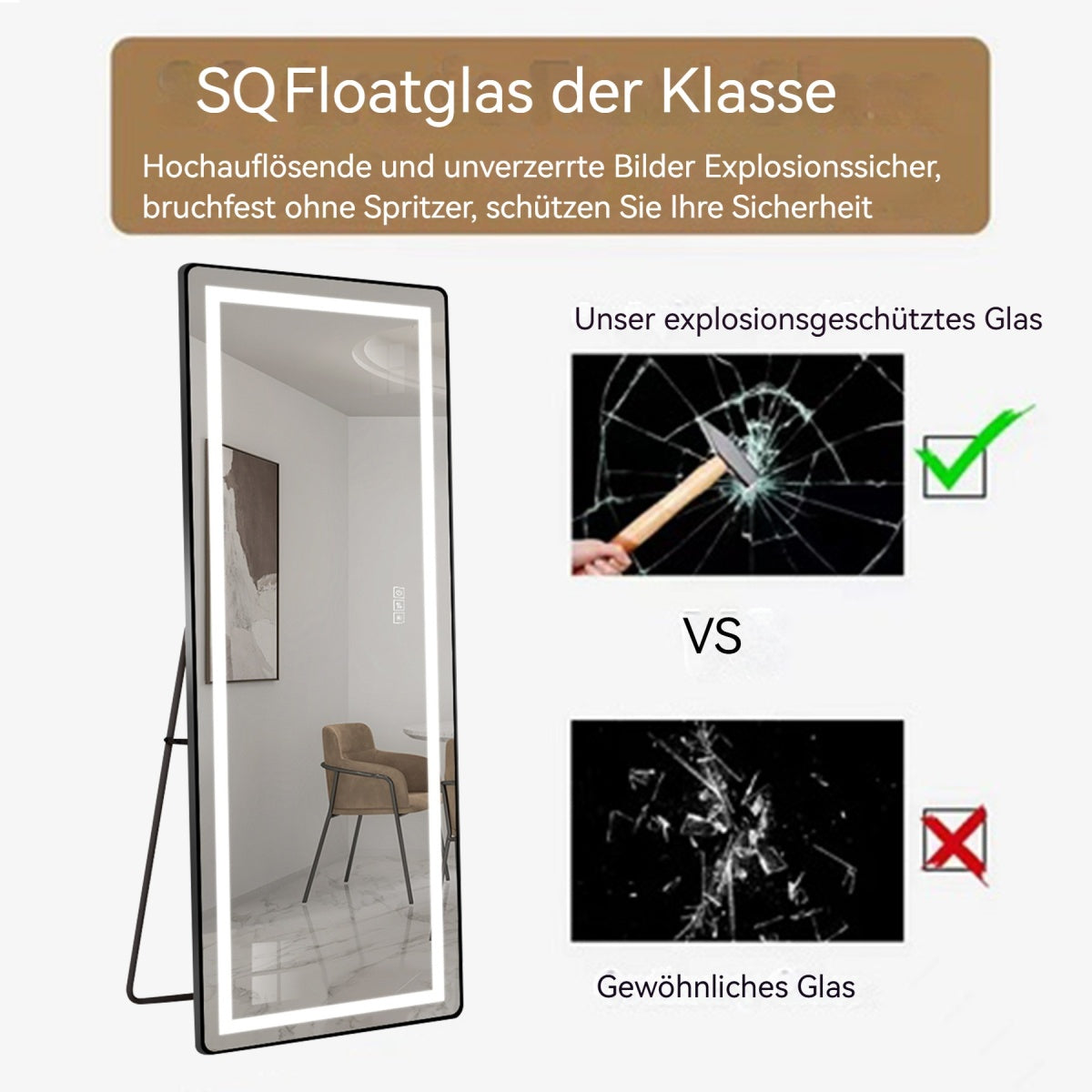 LED Standspiegel 163x54 cm – dimmbar, Aluminiumrahmen, 3 Lichtfarben, Wand- & Bodenmontage, Schwarz