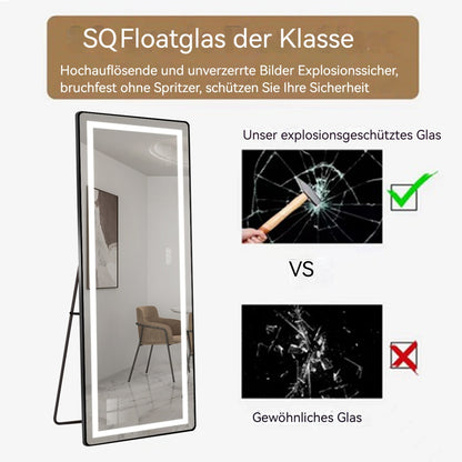 LED Standspiegel 163x54 cm – dimmbar, Aluminiumrahmen, 3 Lichtfarben, Wand- & Bodenmontage, Schwarz
