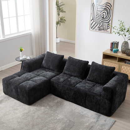 Modernes Sektionssofa, L-Sofa, 3-Sitzer-Sofa, keine Installation erforderlich, Chenille-Sofa mit Chaiselongue und Armlehnen, 3 Kissen, Seitentasche für Fernbedienung, Schwarz