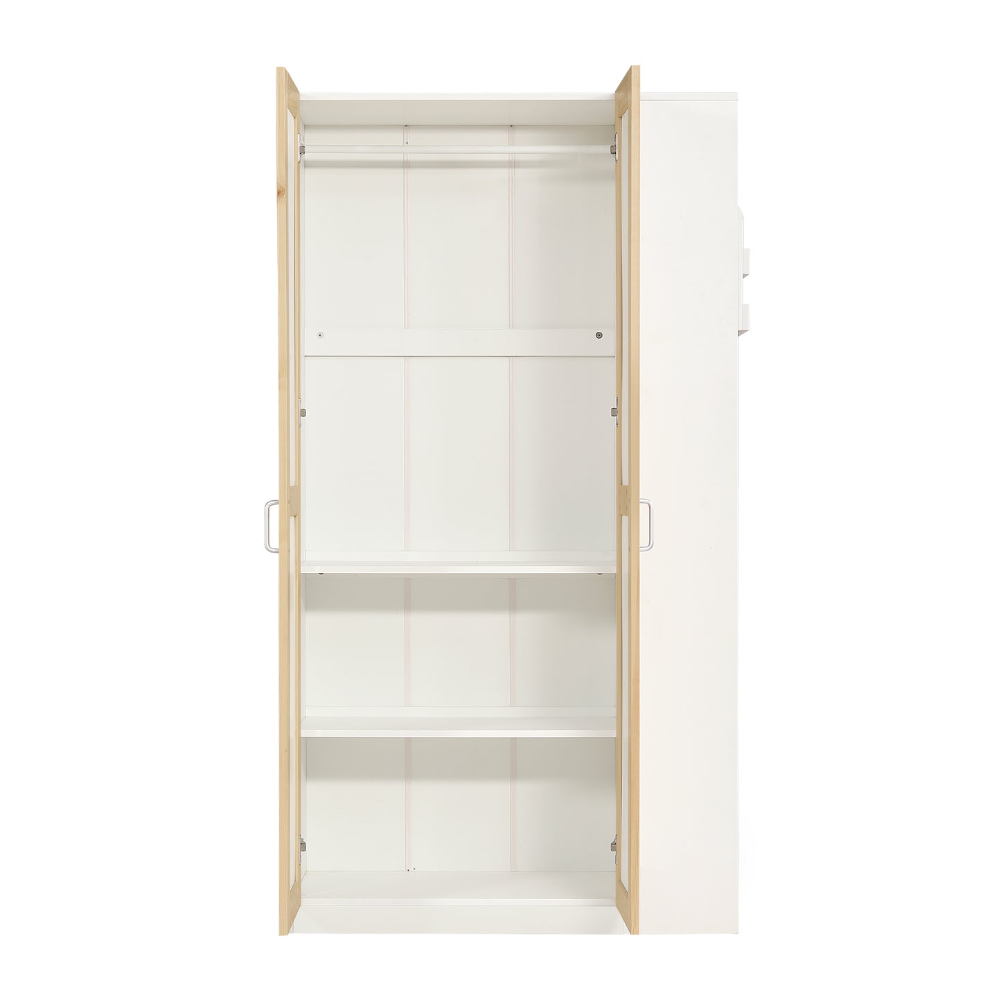 Etagenbett, Kinderbett mit Fallschutz und Gitter, mit 4-stufiger Leiter, 6 offenen Regalen, Kleiderschrank seitlich, Reichlich Stauraum,  Kiefer+PB, Weiß+Natur,  90x200cm