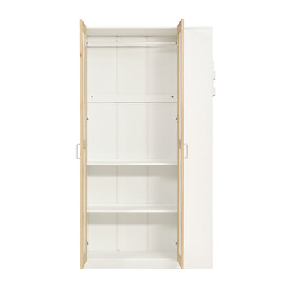 Etagenbett, Kinderbett mit Fallschutz und Gitter, mit 4-stufiger Leiter, 6 offenen Regalen, Kleiderschrank seitlich, Reichlich Stauraum,  Kiefer+PB, Weiß+Natur,  90x200cm