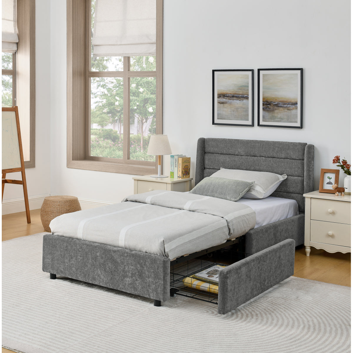 Einzelbett 90×200 cm mit Chenille-Oberfläche & 2 Schubladen, stabiles Bettgestell aus Holz/Metall, ideal für Kinder-, Jugend- & Gästezimmer, Gray (ohne Matratze)