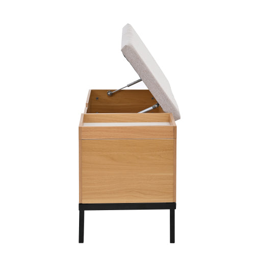 Sitzbank mit Stauraum 115 cm, Gepolsterte Truhenbank Holzoptik Natur, Stoffbezug Hellgrau, Flurbank