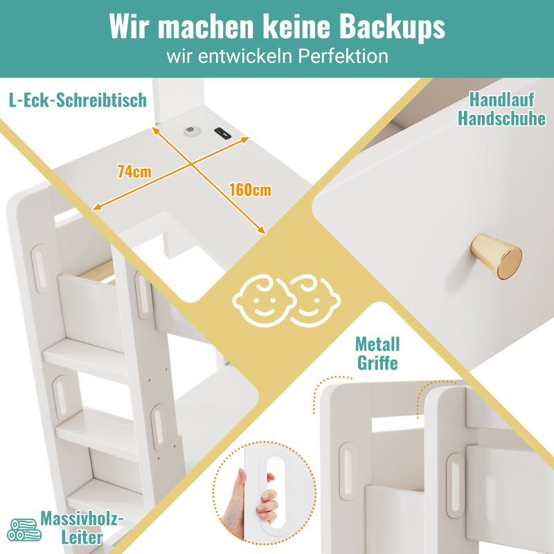 Kinderbett Hochbett mit L-förmigem Schreibtisch, Regalen und Schubladen mit USB/Type-C Ladebereich, Jugend-Einzelbett mit Leiter und Holzlattenrost, 90×200cm, Weiß, ohne Matratze.