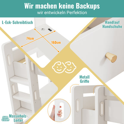 Kinderbett Hochbett mit L-förmigem Schreibtisch, Regalen und Schubladen mit USB/Type-C Ladebereich, Jugend-Einzelbett mit Leiter und Holzlattenrost, 90×200cm, Weiß, ohne Matratze.