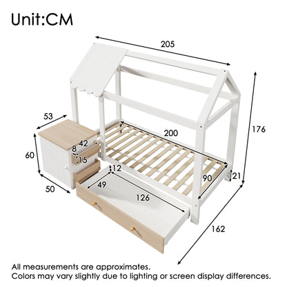Hausbett Kinderbett 90x200 cm aus Massivholz mit Schubladen & abnehmbarem Nachttisch - Bodenbett in Weiß und Eichenweiß, ohne Matratze