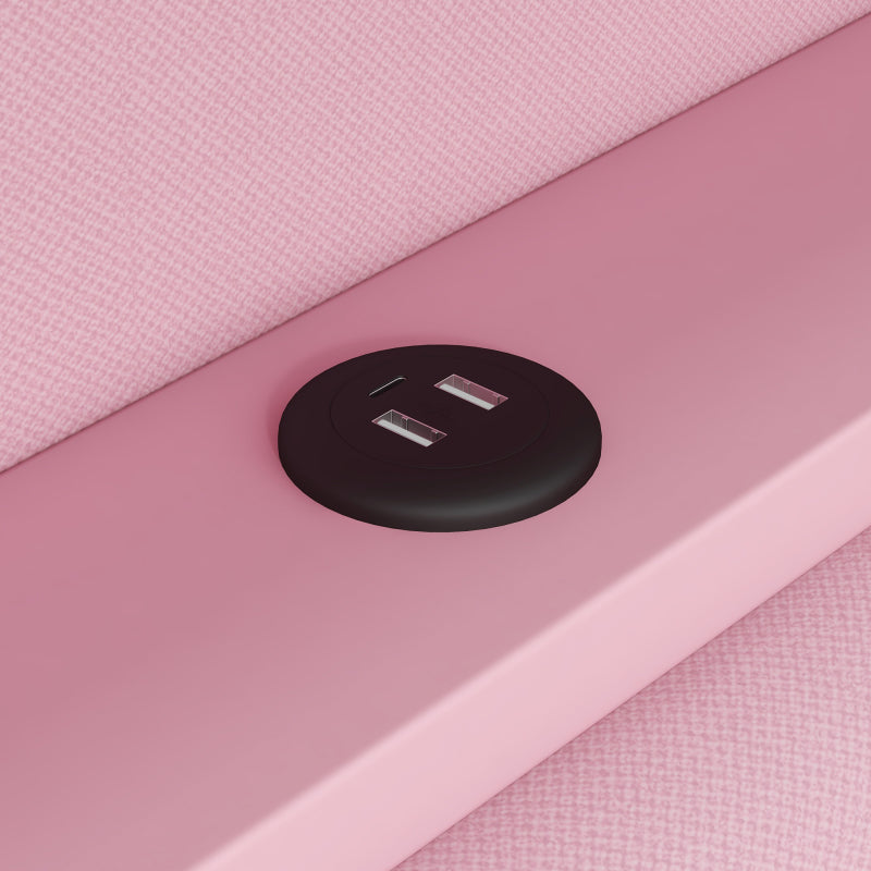 Gepolstertes 90x200 Tagesbett mit USB-Anschlüssen und LED-Gürtel, mit Ausziehbett und Schreibtisch, Rosa