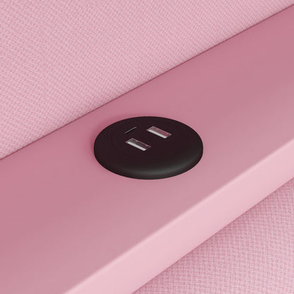 Gepolstertes 90x200 Tagesbett mit USB-Anschlüssen und LED-Gürtel, mit Ausziehbett und Schreibtisch, Rosa