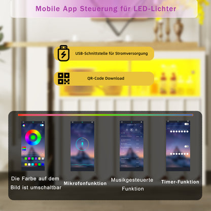 Ausziehbarer Bartisch 135-205cm mit LED & USB, Mobiler Hochtisch Weiß, Teleskop-Kücheninsel mit Glas-Schiebetür & Soft-Close, Gestreift