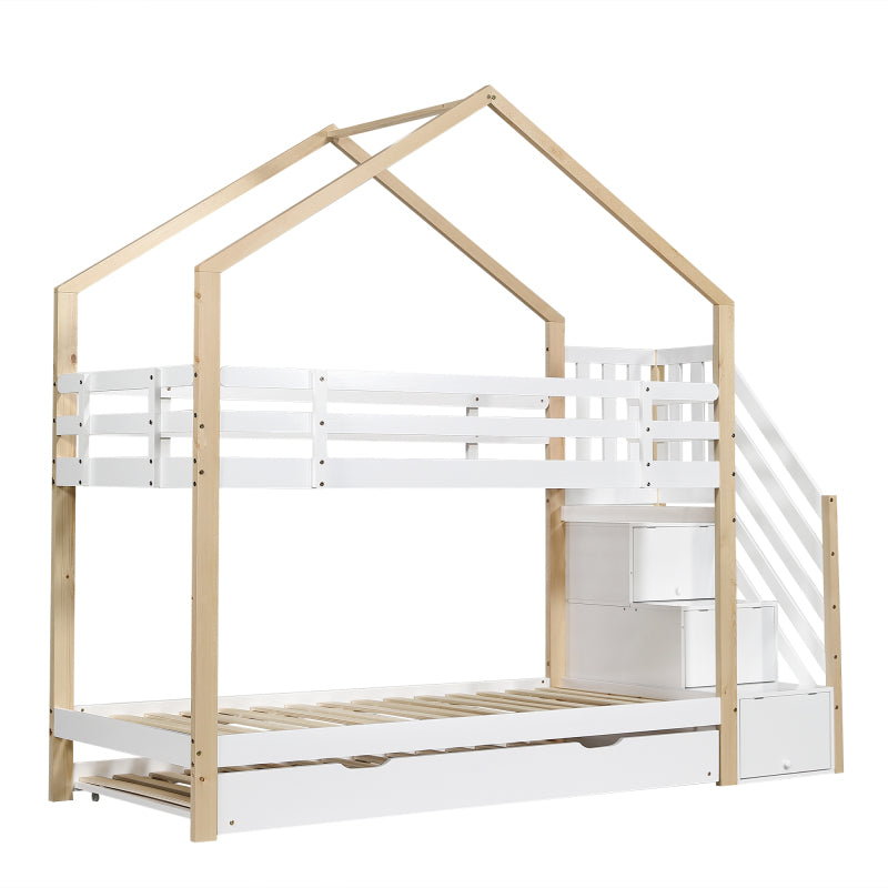 Etagenbett, Ausziehbares Baumhausbett, Schiebebett, Treppe mit 3 Schubladen, Kinderbett mit Absturzsicherung und Kinderbettgitter, mit Lattenroste, Natur+Weiß (90x200cm&90x190cm) [30813567NAA]