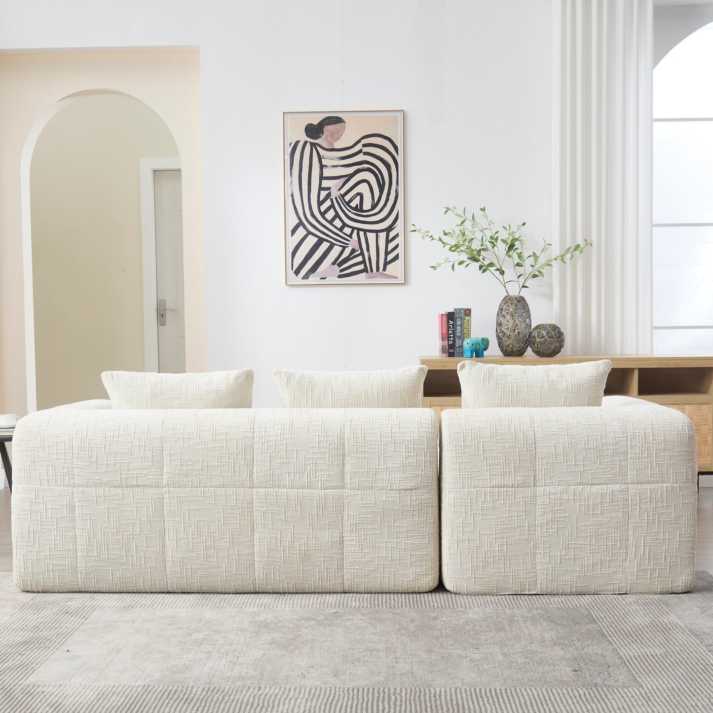Modernes Sektionssofa, L-Sofa, 3-Sitzer-Sofa, keine Installation erforderlich, Chenille-Sofa mit Chaiselongue und Armlehnen, 3 Kissen, Seitentasche für Fernbedienung, Beige